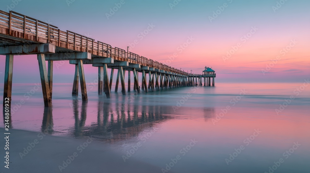Obraz premium tranquil ocean scene with pastel sunrise colors, pier vanishing into distant horizon, water like smooth mirror, soft warm glow