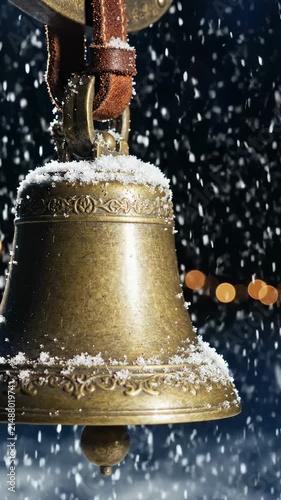 Vintage Brass Bell Hanging Outdoors During a Winter Snowfall at Night