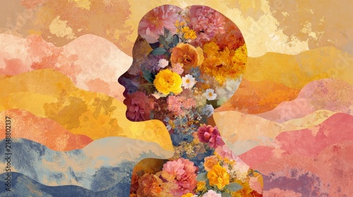 conceptual collage of emotional healing with abstract human silhouette, blooming flowers, gentle waves, warm colors
