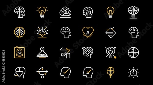 minimal style creative thinking icons, emphasizing innovation, strategy planning, mind mapping, and smart education visuals