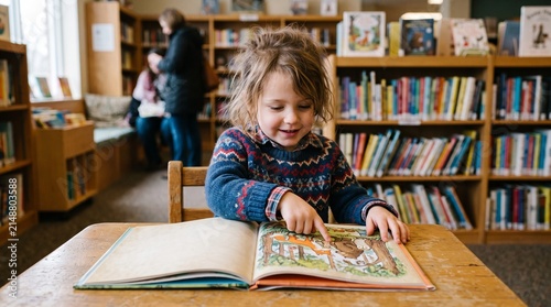 Young child with messy hair points to a picture in a book while sitting at a wooden table in a library dia das crianças
