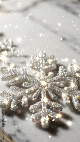 Sparkling Silver Snowflake Ornament on Marble Surface With Falling Glitter Particles