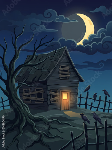 Spooky Haunted House at Night with Crescent Moon and Crows