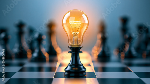 A glowing lightbulb on a black chess piece symbolizes innovation and strategic thinking on a chessboard.