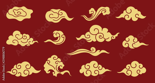 Chinese New Year golden cloud vector set. Traditional Asian oriental decorative elements, auspicious clouds for Lunar New Year celebration, greeting card, and banner design.