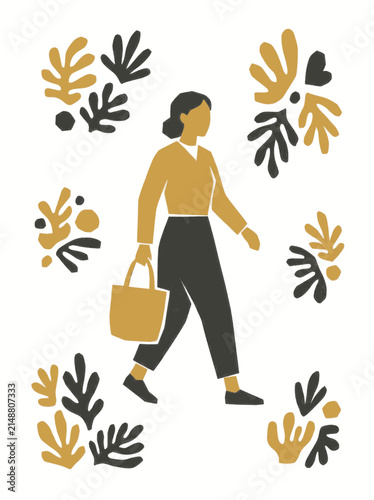 Obraz na plátne Woman walking with shopping bag surrounded by abstract floral shapes, minimalist