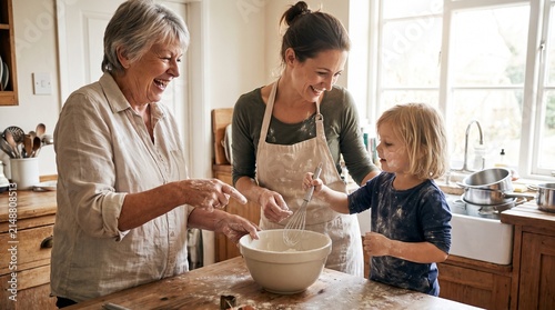 Grandmother mother and young child baking together in a rustic home kitchen