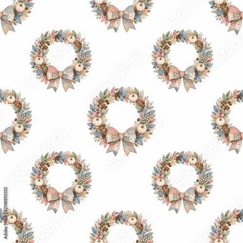 Seamless pattern of festive Christmas wreaths adorned with pinecones, berries, and a charming bow, set against a clean white backdrop.