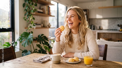 Commercial lifestyle photography of a young blonde woman enjoying a cozy home breakfast with Brazilian cheese bread (pão de queijo), milk, and coffee – casual morning food blog, social media content c