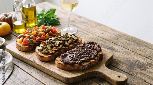 Artisanal Bruschetta Platter: A delightful assortment of three distinct bruschettas, featuring fresh tomato, savory mushroom, and rich olive tapenade atop toasted bread.