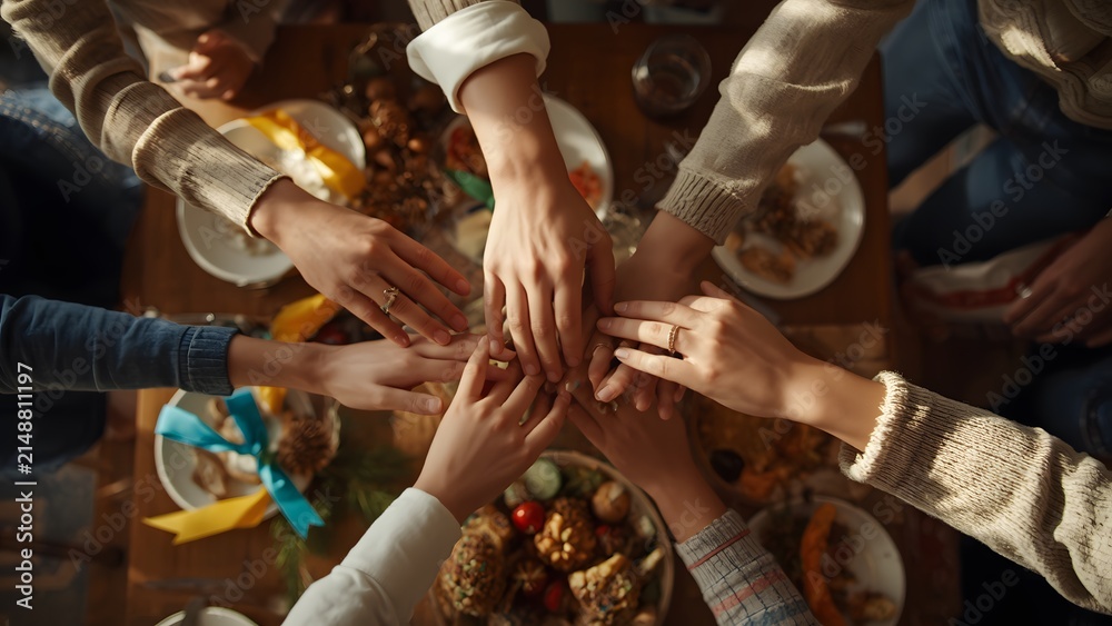 Obraz premium Multiple family hands stacked together over festive food table