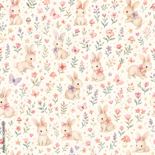 Watercolor Seamless Pattern Pastel Baby Girl Nursery Scrapbook Digital Papers with Floral, Rabbit Designs