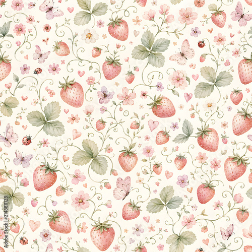 Watercolor Seamless Pattern Pastel Baby Girl Nursery Scrapbook Digital Papers with Floral, Strawberry
 Designs