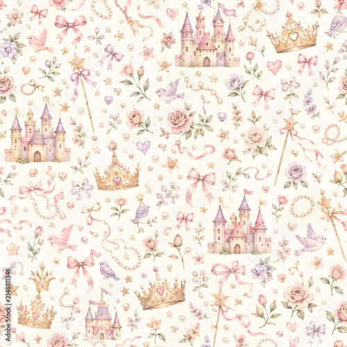 Watercolor Seamless Pattern Pastel Baby Girl Nursery Scrapbook Digital Papers with Floral, Princess Crowns Designs