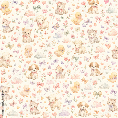 Watercolor Seamless Pattern Pastel Baby Girl Nursery Scrapbook Digital Papers with Floral, Butterflies, Woodland Animals, Cat and Dog Designs