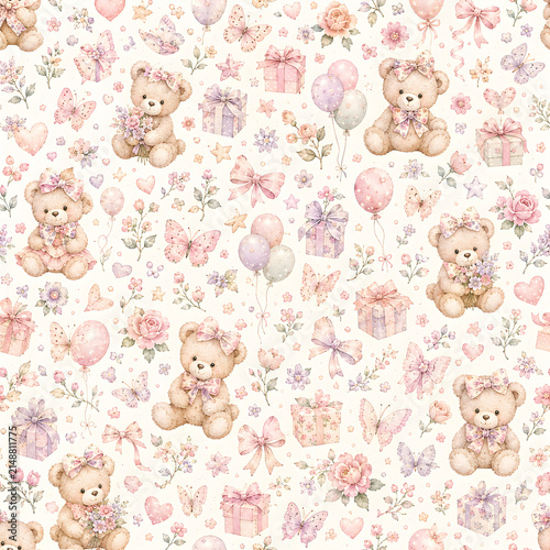 Watercolor Seamless Pattern Pastel Baby Girl Nursery Scrapbook Digital Papers with Floral, Butterflies, Woodland Animals, Teddy Bears Designs