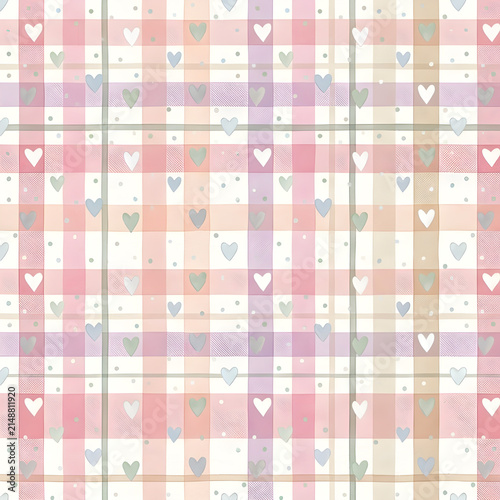 Watercolor Seamless Pattern Pastel Baby Girl Nursery Scrapbook Digital Papers with Mini Hearts plaid Designs