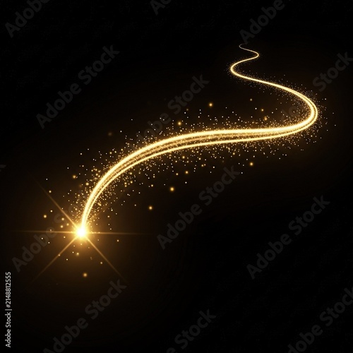 Golden light trail with glowing particles and magic sparkle effect.