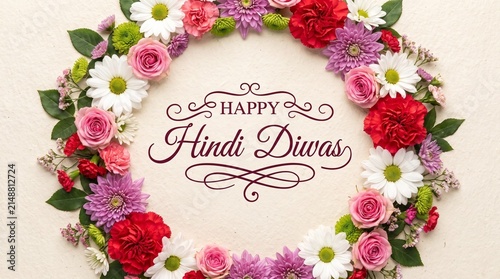 happy Hindi diwas. greeting card with colorful fresh flowers frame