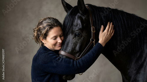 Woman affectionately embracing a black horse in a studio setting