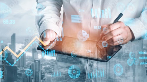 A professional data analyst examines digital graphs and statistics on a tablet, showcasing a vibrant skyline backdrop, symbolizing innovation and growth in business. Xenic
