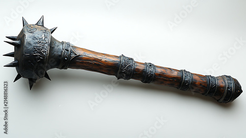 A beautifully decorated medieval mace with its spiked head and sturdy handle, sharply detailed against a stark white background under soft professional studio lighting 