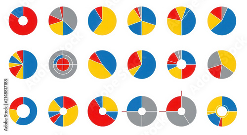 Collection of colorful business pie chart and circle graph icons isolated on transparent background