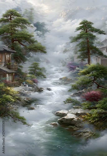 The beauty of the seclusion of the ancient landscape The scenery of the tree house surrounded by the waterfall