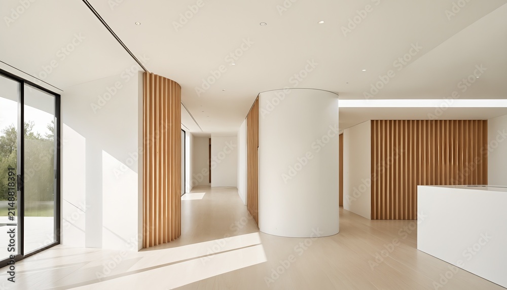 Fototapeta premium Modern eco-friendly interior with natural light and wooden louvers