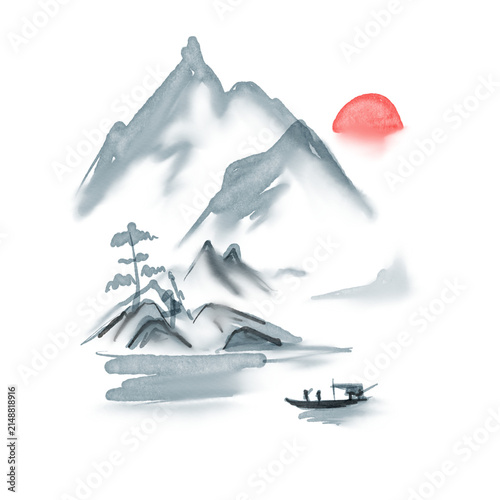 Illustration watercolor of an traditional chinese painting mountain scenery