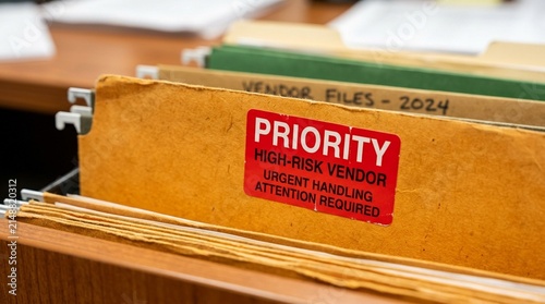 Extra priority label sticker affixed to a high-risk vendor folder – Procurement and Vendor Management Stock Photo