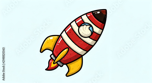 Cute cartoon rocket ship with red and white stripes blasting off into space.