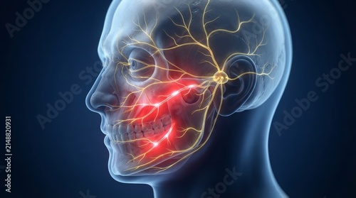 Medical illustration showing trigeminal nerve pain and inflammation in the human head.