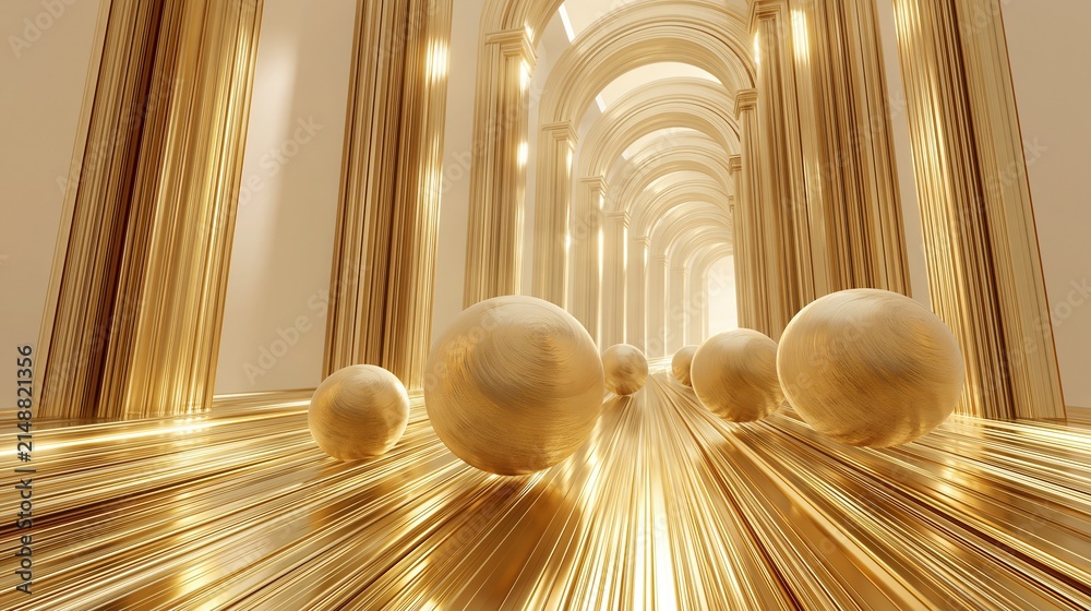Fototapeta premium Luxurious Golden Hallway with Spheres, Architectural Grandeur, and Reflective Surfaces