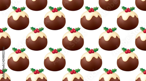 Seamless pattern of festive christmas puddings with holly and berries