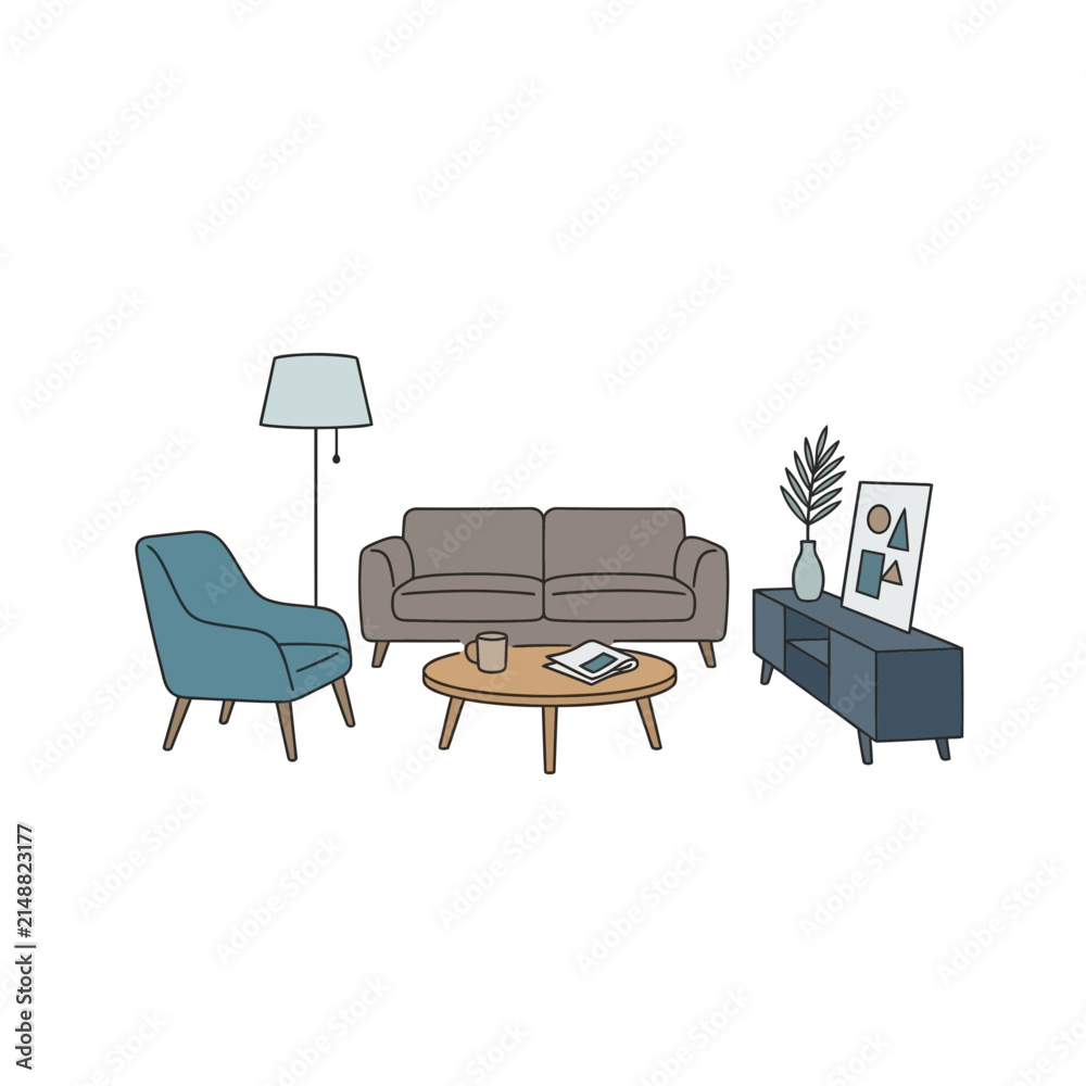 Fototapeta premium Minimalist Modern Living Room Interior Set with Sofa Armchair and Furniture Doodle