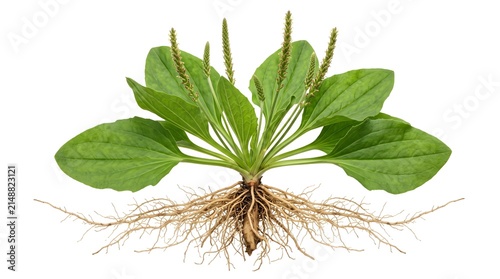 Plantago Major Whole Plant with Roots, Broadleaf Plantain Medicinal Herb Isolated on White