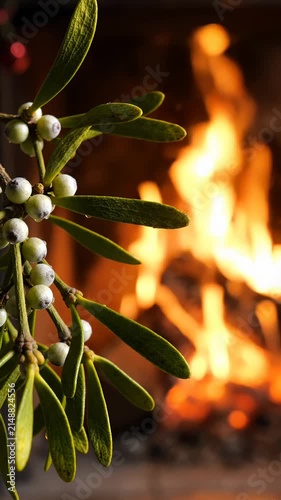 Mistletoe Branch With White Berries Against a Warm Blurry Fireplace Background