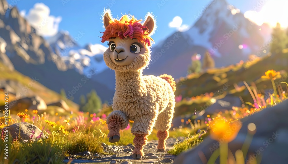 Naklejka premium Adorable Fluffy Cartoon Llama Wearing a Flower Crown in a Sunny Mountain Meadow Landscape