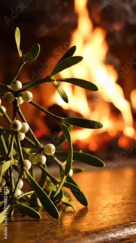 Mistletoe Sprig With White Berries in Front of a Warm Glowing Fireplace