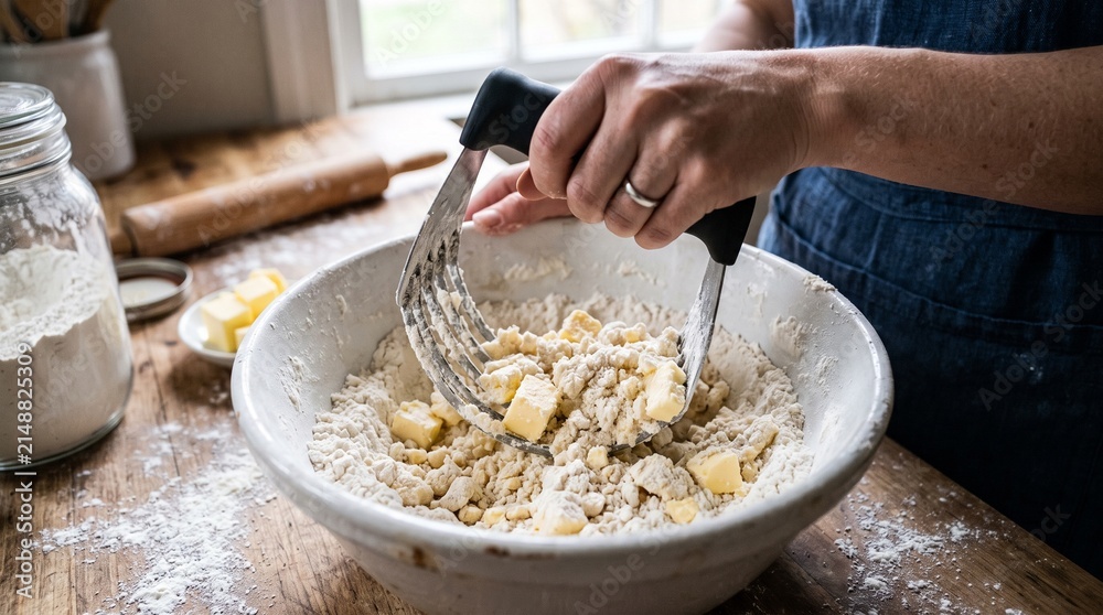 Fototapeta premium Close up of hands using pastry cutter to mix butter and flour in bowl.