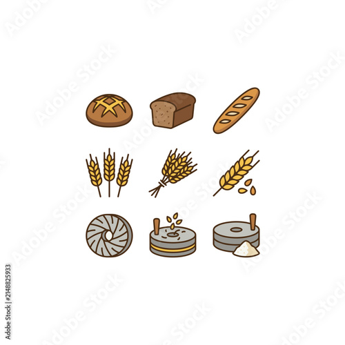 Fotografie Artisanal bread icon set with wheat stalks and millstones, flat design graphic e