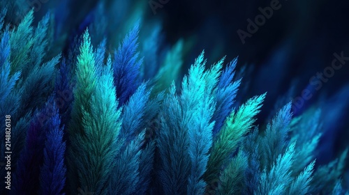 Abstract fractal art depicting layered blue and teal plant like shapes