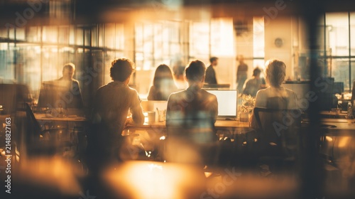 Blurred view of office employees at work illuminated by sunlight