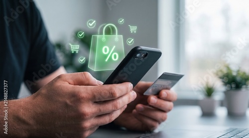 Person using smartphone and credit card for safe e-commerce shopping with digital discount icon protecting against online cyber security threats