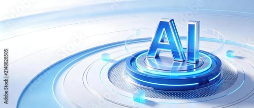 Glowing 3d blue ai text standing on circular futuristic tech podium with small glass cubes showing modern artificial intelligence technology innovation concept