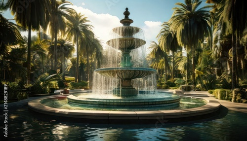 Serene Palm Tree Fountain Landscape Scene.