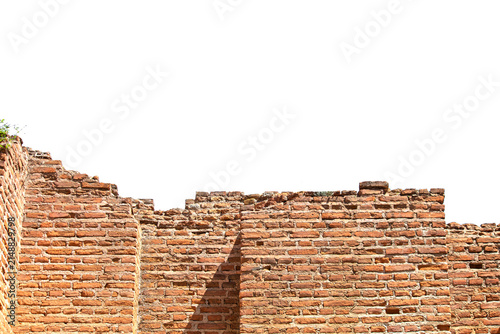 Brick wall remnant in PNG format. Wall made of red bricks on a transparent background. No people, nobody.