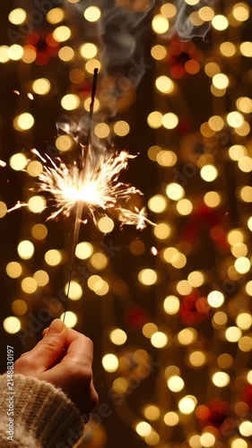 Hand Holding a Burning Sparkler Against a Festive Bokeh Background