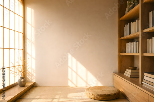 Elegant Japanese Reading Corner with Books and Soft Morning Light